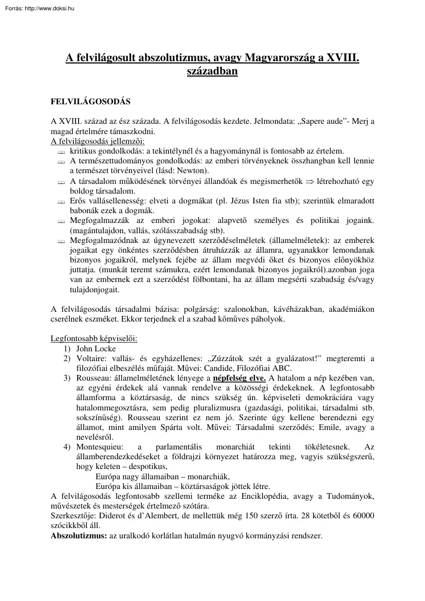 A felvilágosult abszolutizmus, avagy Magyarország a XVIII. században