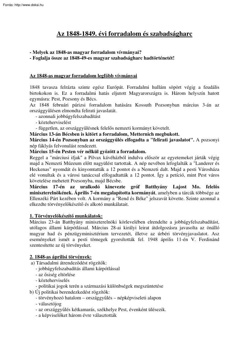 Az 1848-1849. évi forradalom és szabadságharc