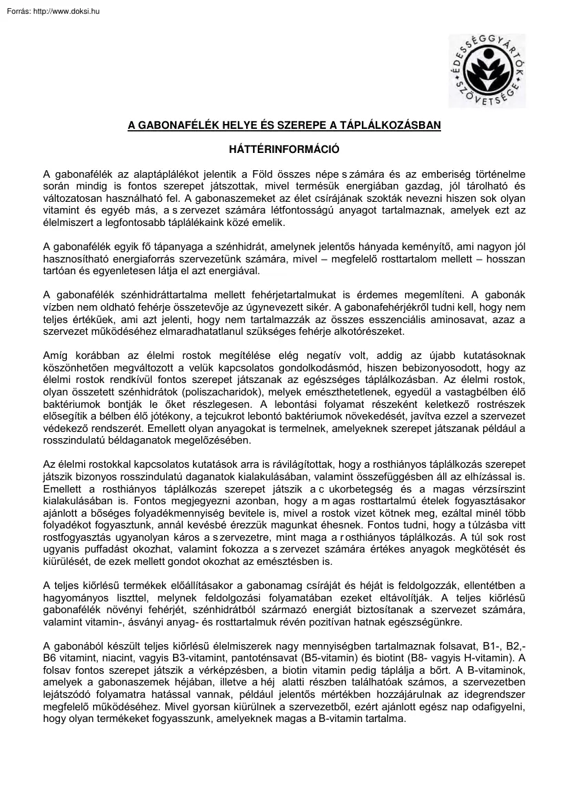 A gabonafélék helye és szerepe a táplálkozásban