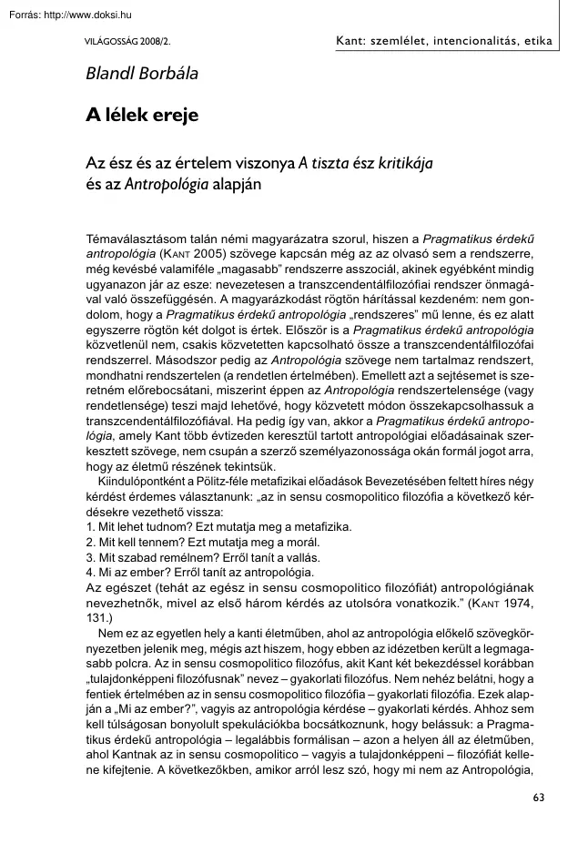 Blandl Borbála - A lélek ereje, az ész és az értelem viszonya a tiszta ész kritikája és az