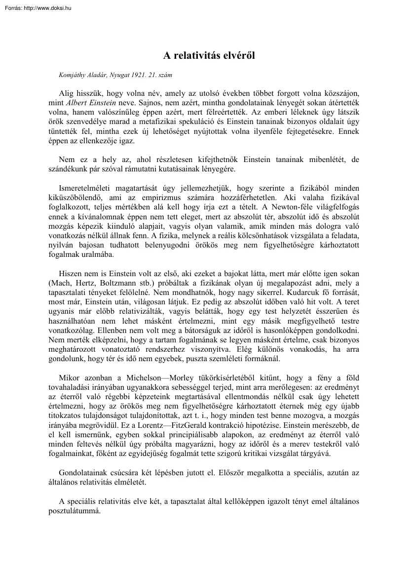 Komjáthy Aladár - A relativitás elvéről