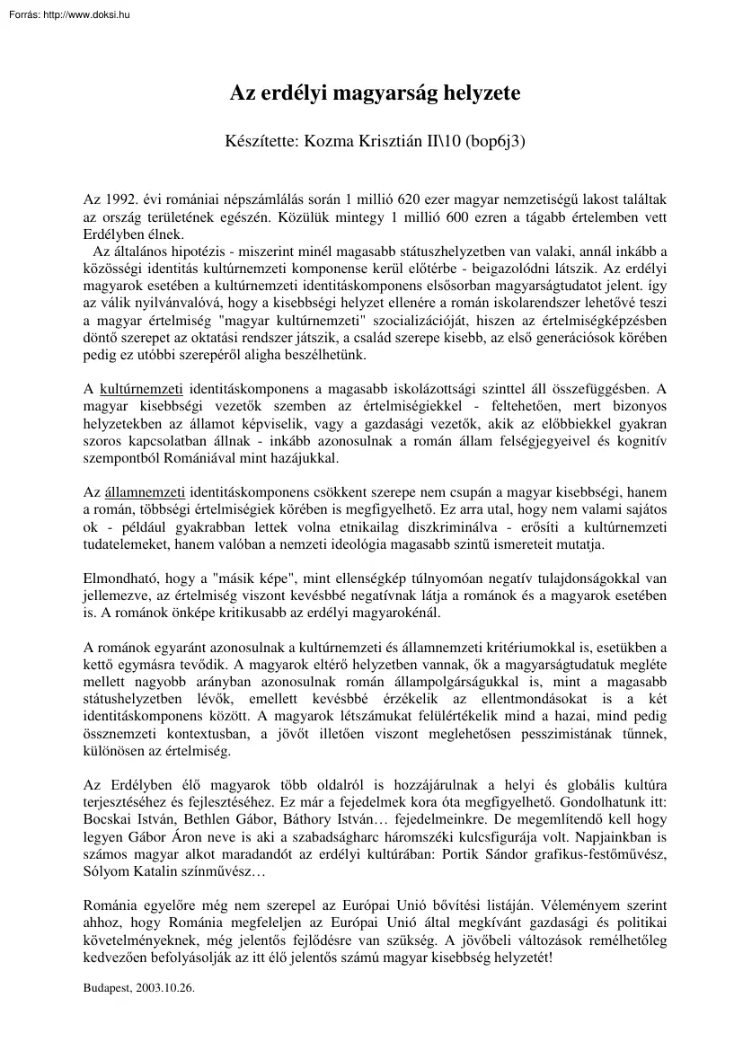 Kozma Krisztián - Az erdélyi magyarság helyzete