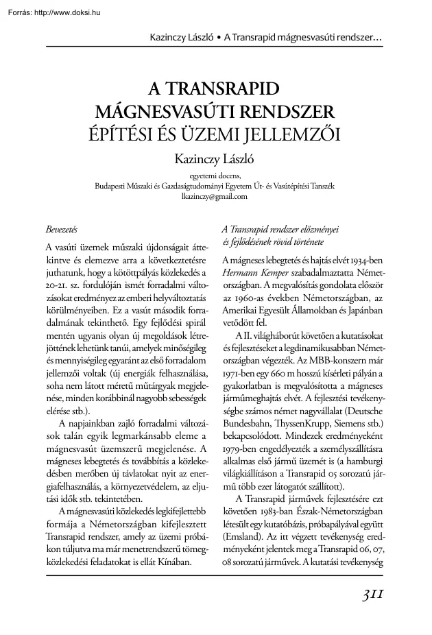 Kazinczy László - A transrapid mágnesvasút rendszer