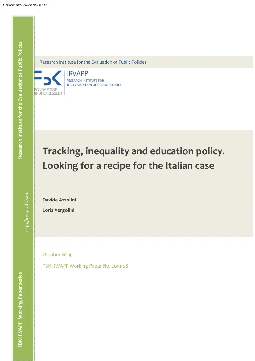 Azzolini-Vergolini - Tracking, Inequality and Education Policy, Looking for a Recipe for the