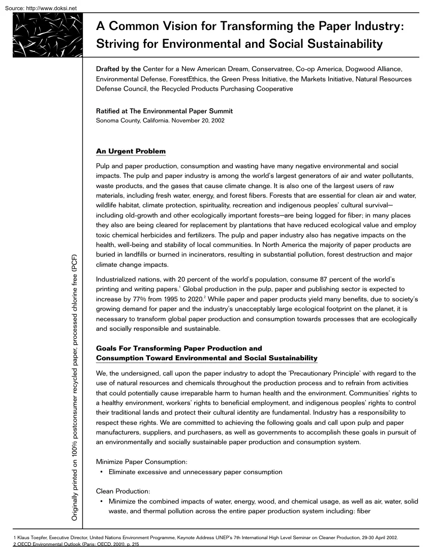 A Common Vision for Transforming the Paper Industry, Striving for Environmental and Social
