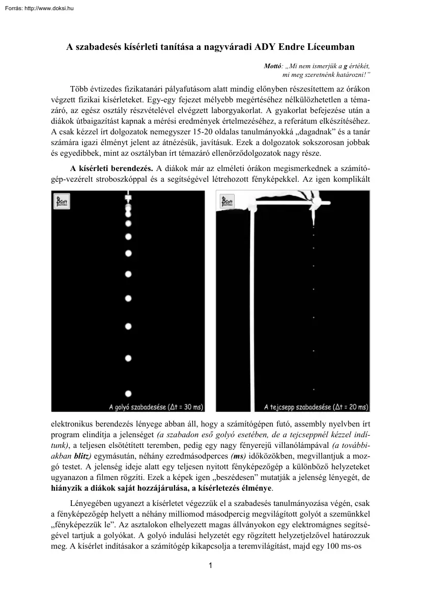 Dr. Bartos-Elekes István - A szabadesés kísérleti tanítása a nagyváradi Ady Endre