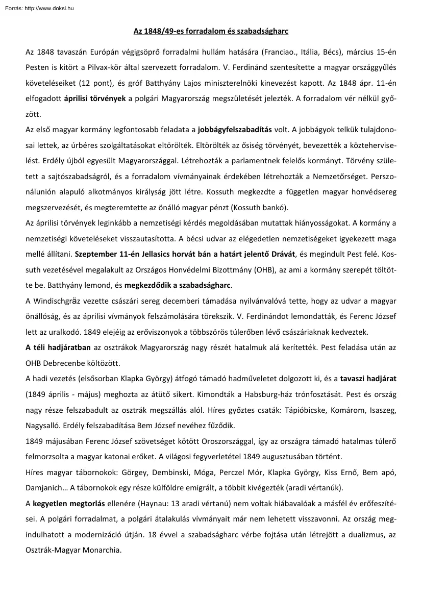 Az 1848-49-es forradalom és szabadságharc