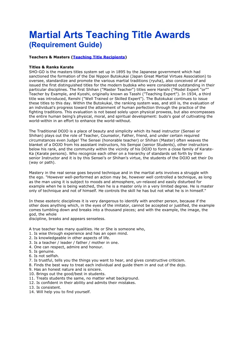 Martial Arts Teaching Title Awards