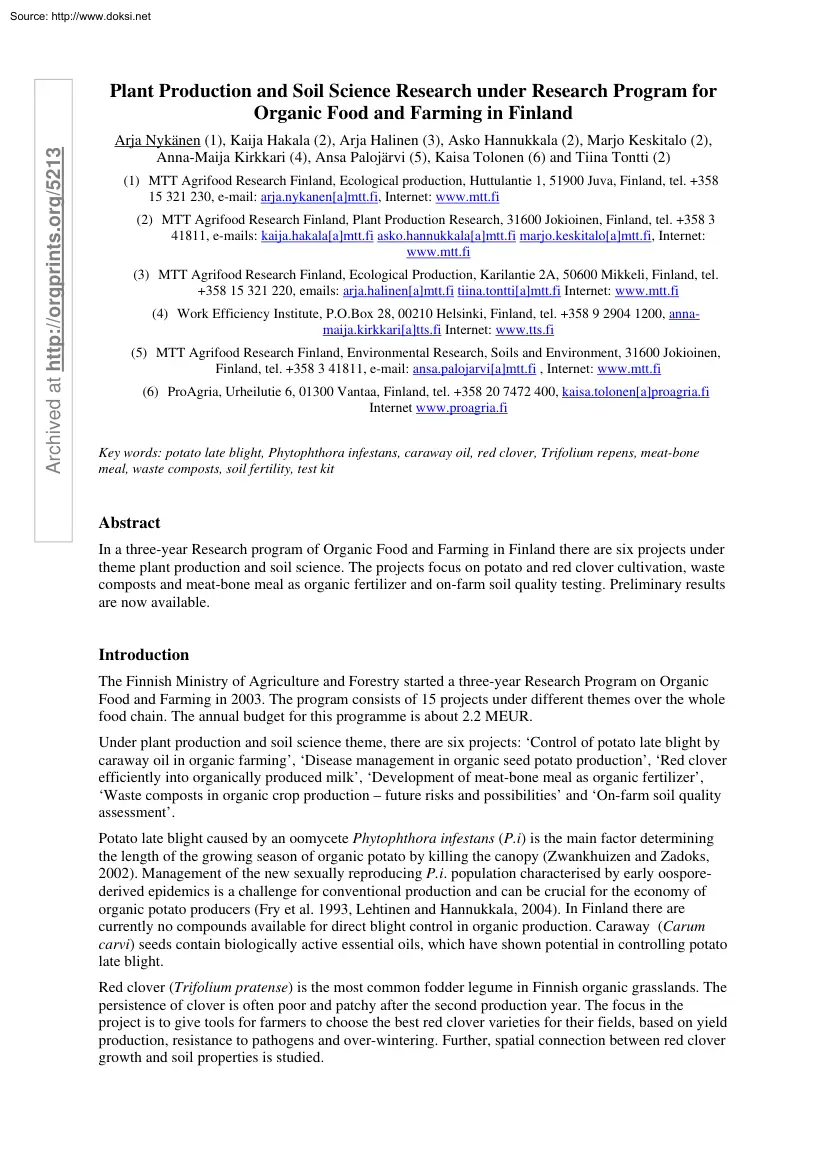 Nykanen-Hakala-Halinen - Plant Production and Soil Science Research under Research Program for