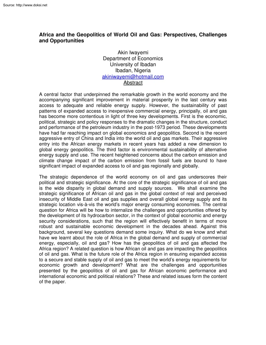 Akin Iwayemi - Africa and the Geopolitics of World Oil and Gas, Perspectives, Challenges and