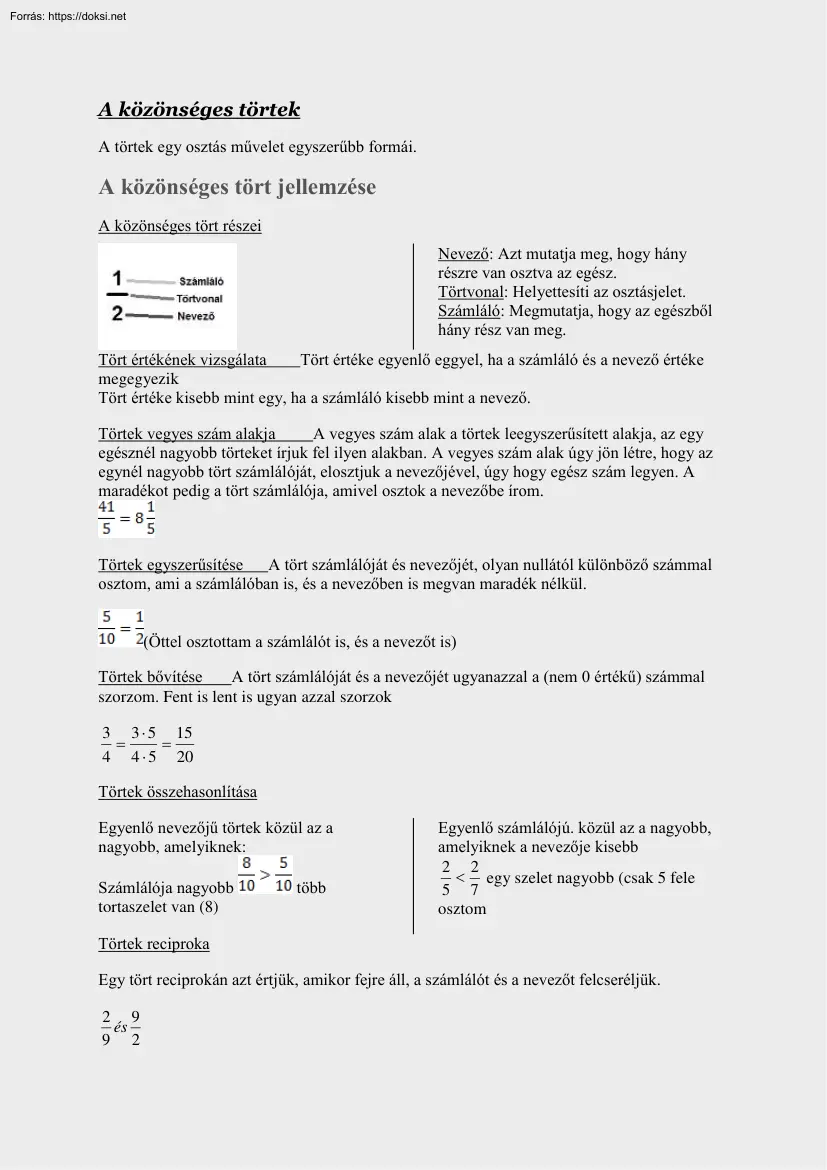 A közönséges törtek