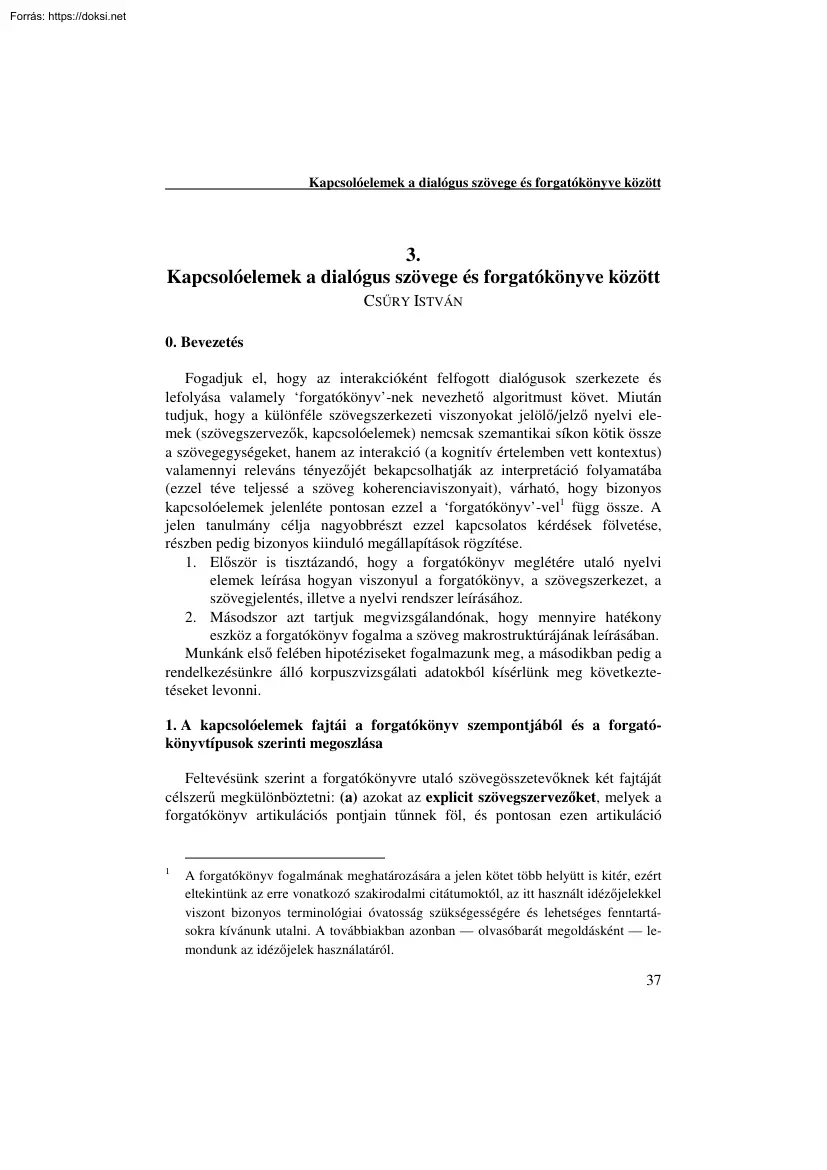 Csűry István - Kapcsolóelemek a dialógus szövege és forgatókönyve között