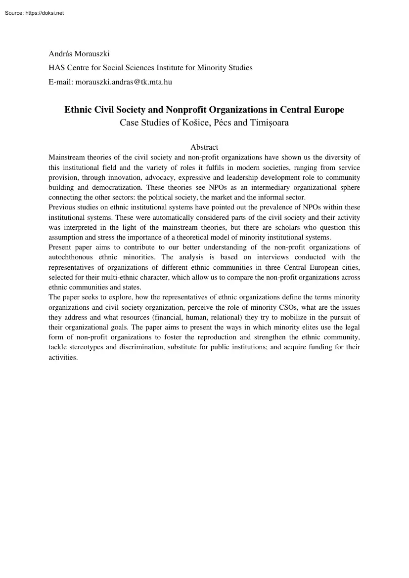 András Morauszki - Ethnic Civil Society and Nonprofit Organizations in Central Europe