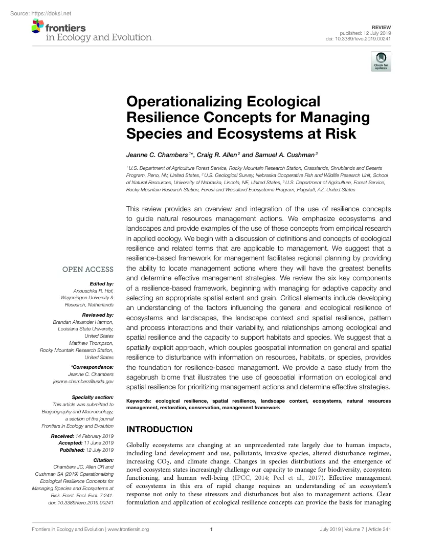 Operationalizing Ecological Resilience Concepts for Managing Species and Ecosystems at Risk