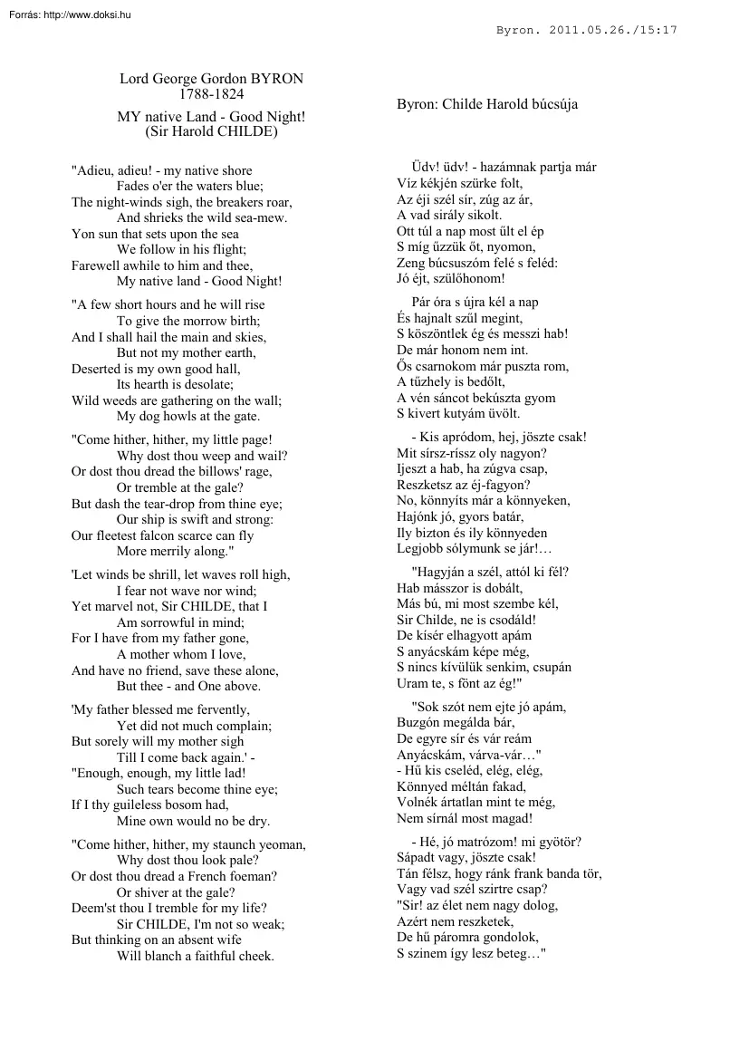 Kóta Béla - Byron-Childe Harold búcsúja c. műve angolul, s Tóth Árpád fordításában