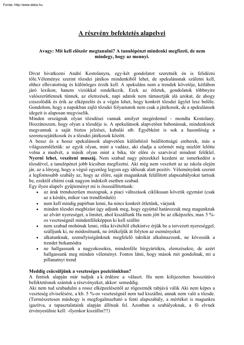 A részvény befektetés alapelvei