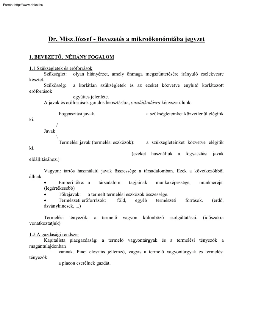 Dr. Misz József - Bevezetés a mikroökonómiába jegyzet