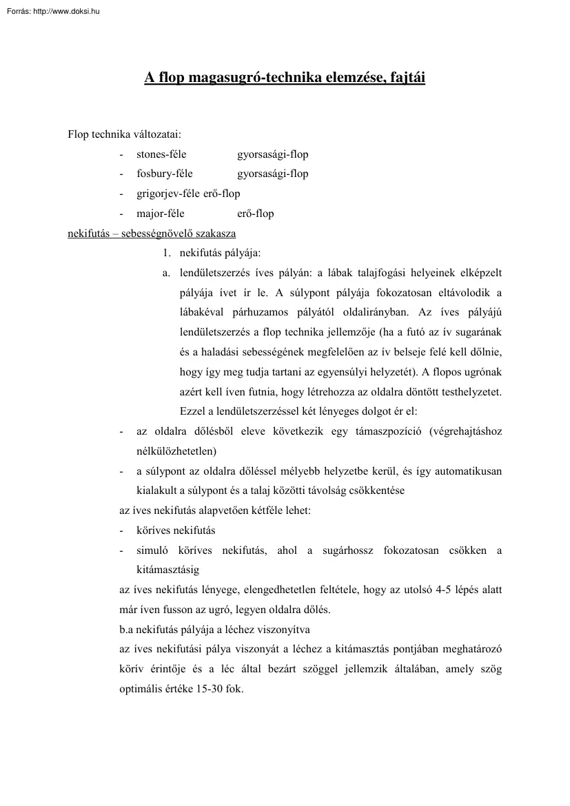 A flop magasugró-technika elemzése, fajtái