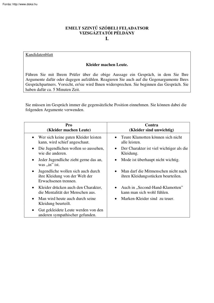 Német emelt szintű szóbeli érettségi mintafeladatsor, megoldással, 2004