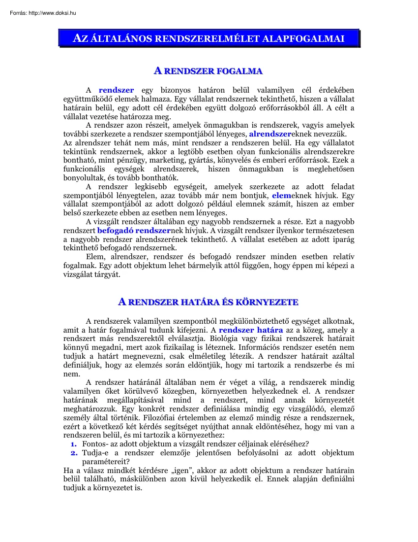 Az általános rendszerelmélet alapfogalmai