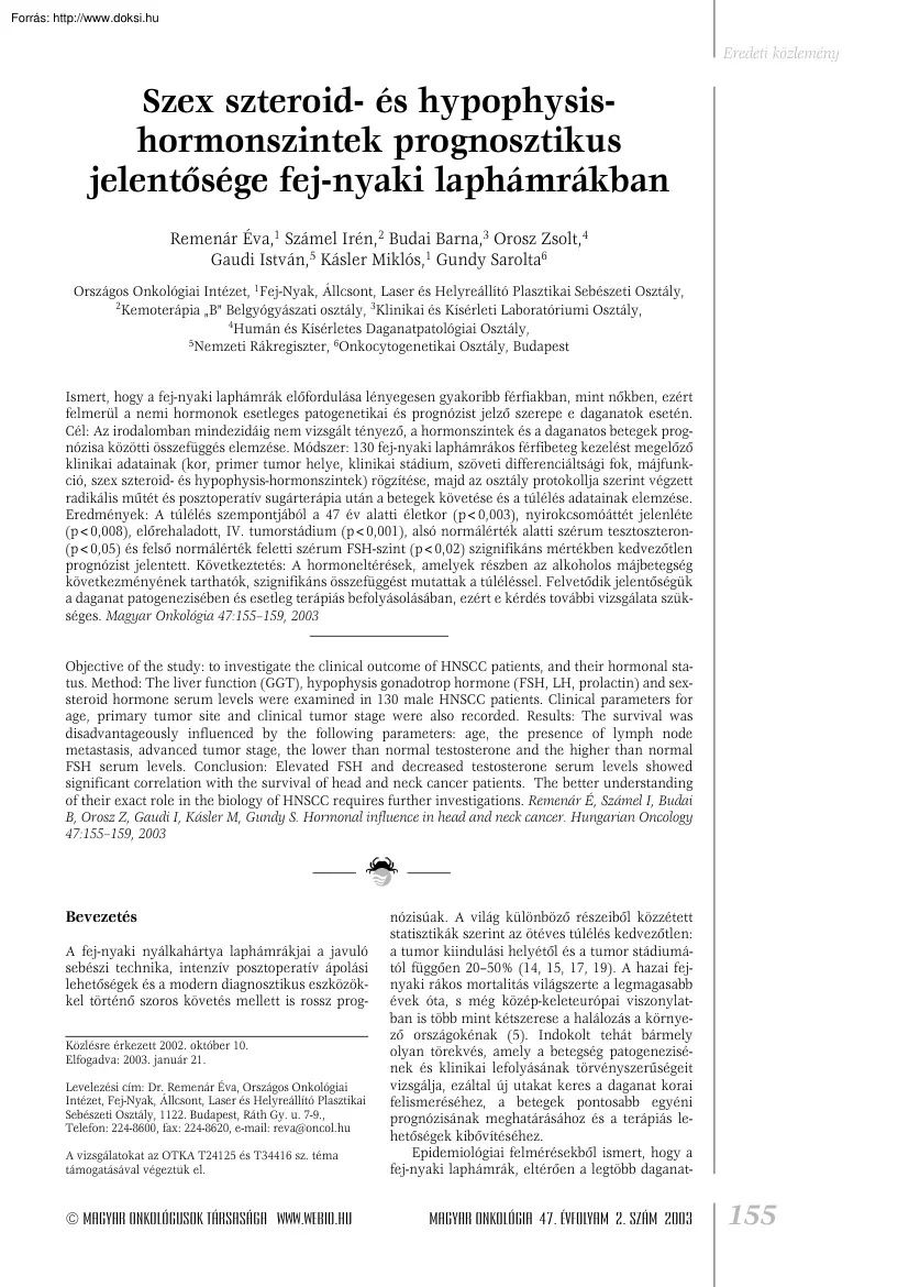 Remenár-Számel-Budai - Szex szteroid és hypophysis hormonszintek prognosztikus jelentősége