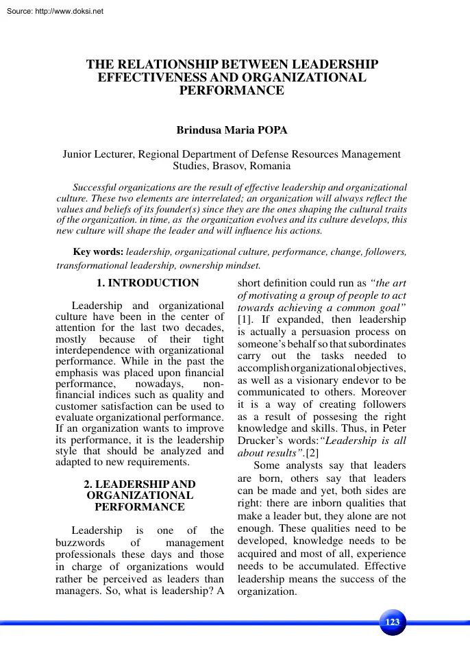 Brindusa Maria - The Relationship between Leadership effectiveness and Organizational Performance