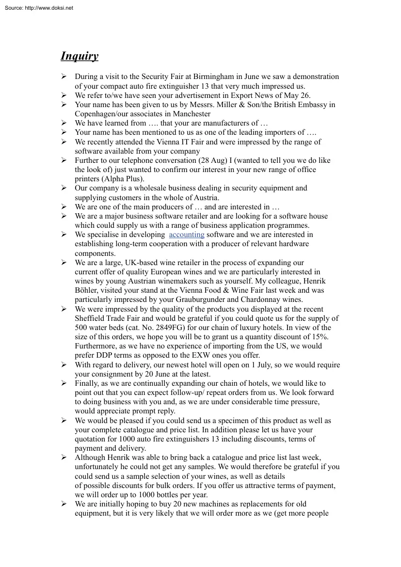 Inquiry, Offer, Order, Complaint