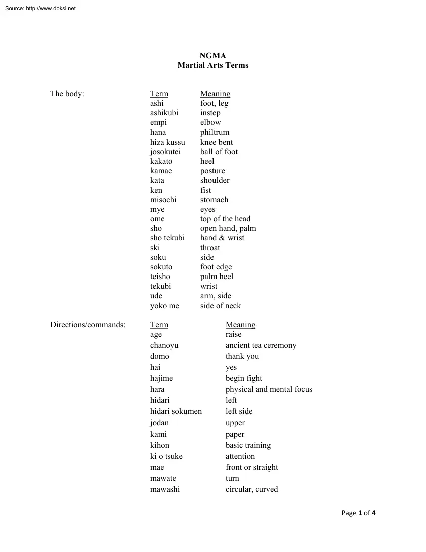 Martial Arts Terms, NGMA