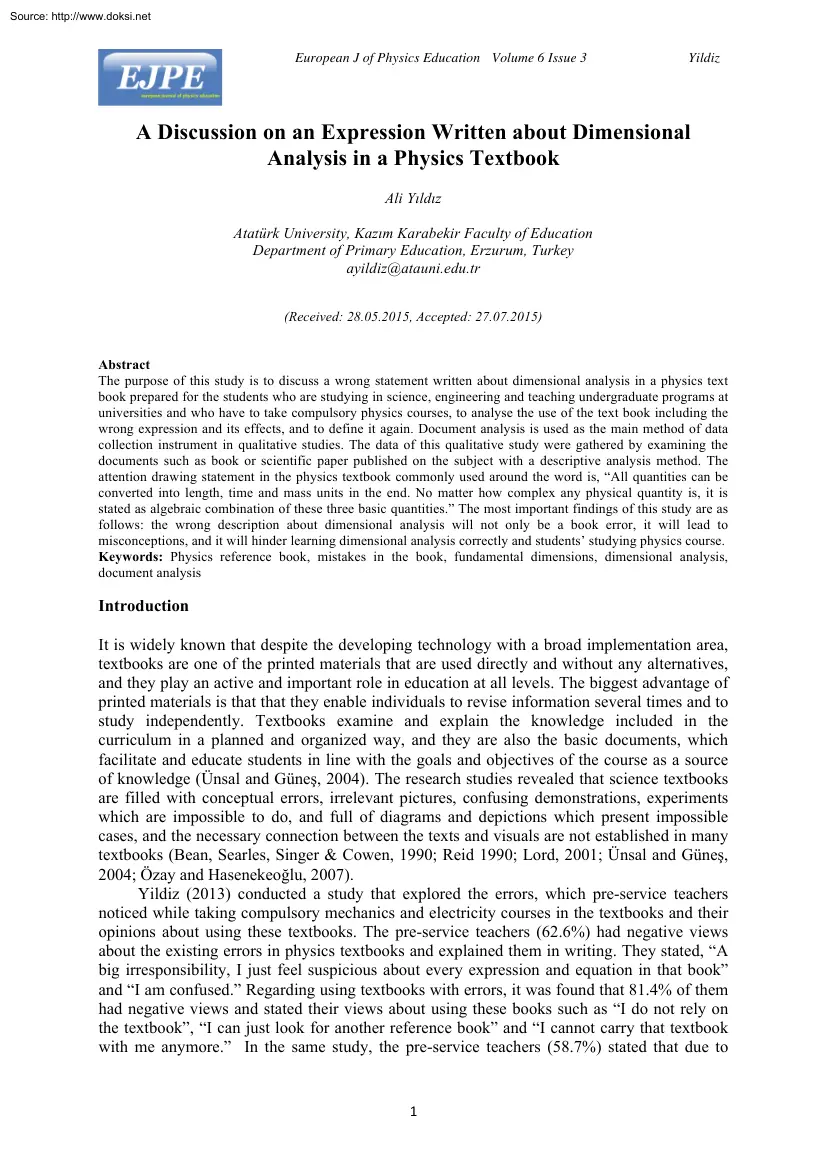 Ali Yildiz - A Discussion on an Expression Written about Dimensional Analysis in a Physics Textbook