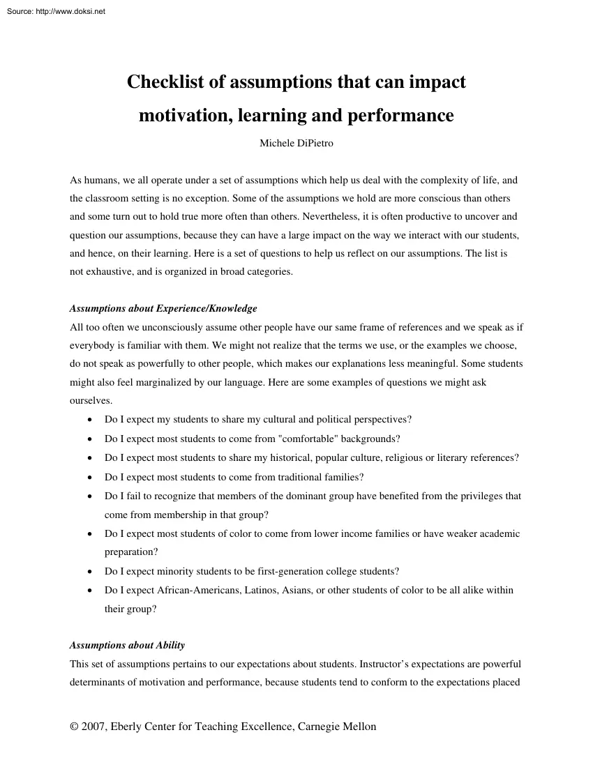 Michele DiPietro - Checklist of Assumptions that can Impact Motivation, Learning and Performance