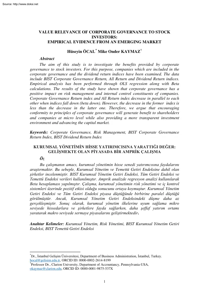 Ocal-Kaymaz - Value Relevance of Corporate Governance to Stock Investors
