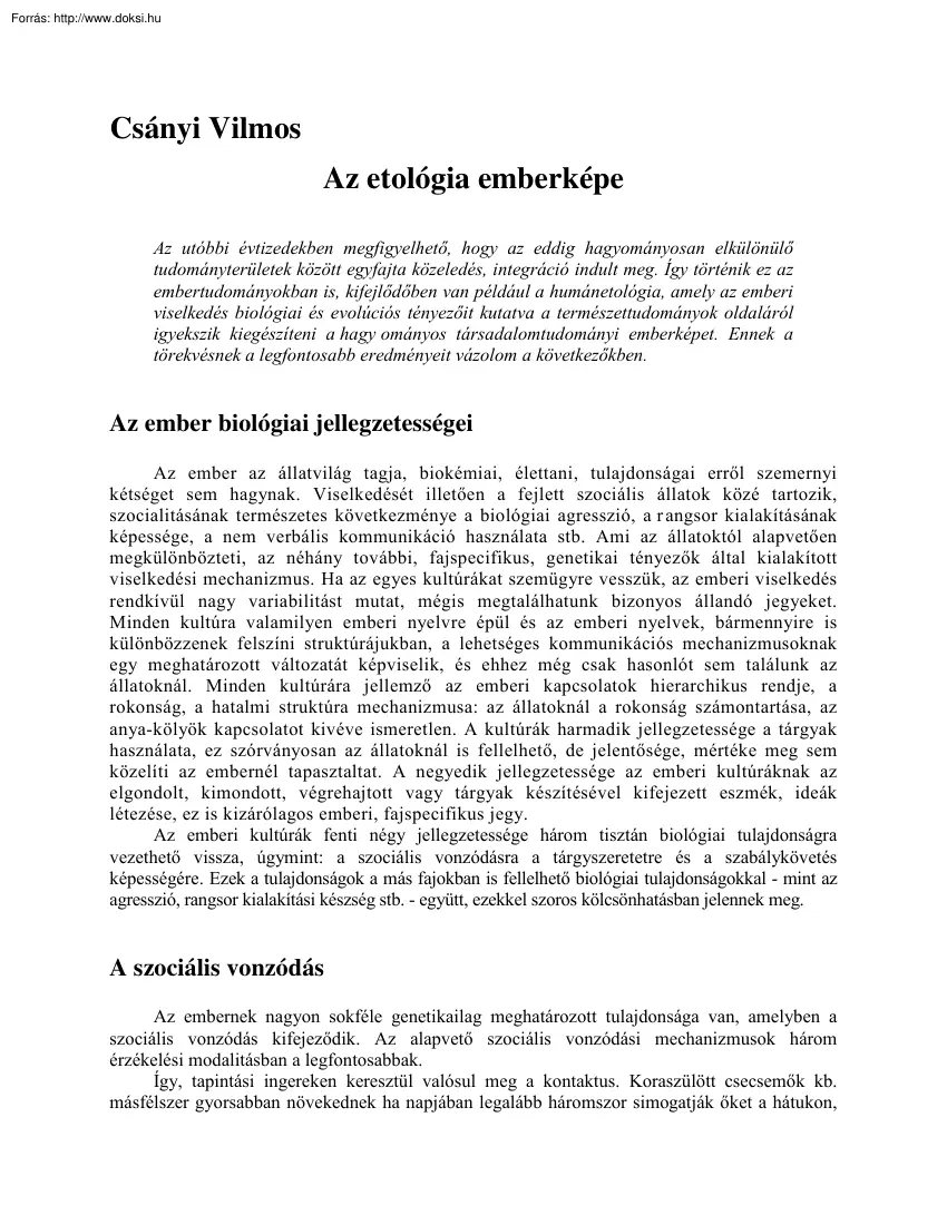 Csányi Vilmos - Az etológia emberképe