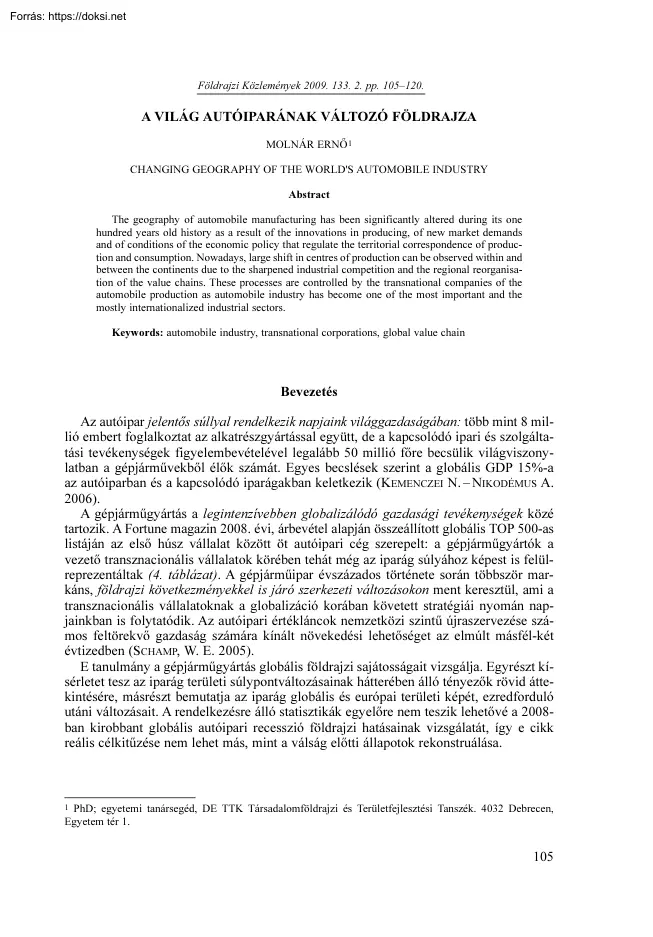 Molnár Ernő - A világ autóiparának változó földrajza