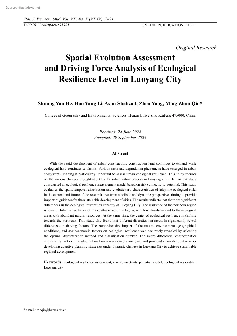 Spatial Evolution Assessment and Driving Force Analysis of Ecological Resilience Level in Luoyang