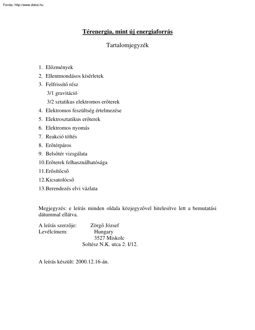Zörgő József - Térenergia, mint új energiaforrás