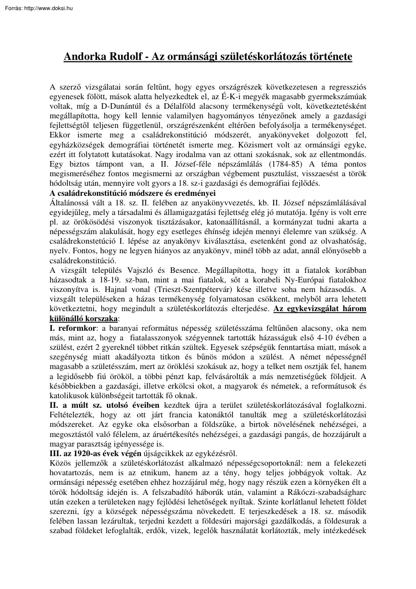 Andorka Rudolf - Az ormánsági születéskorlátozás története