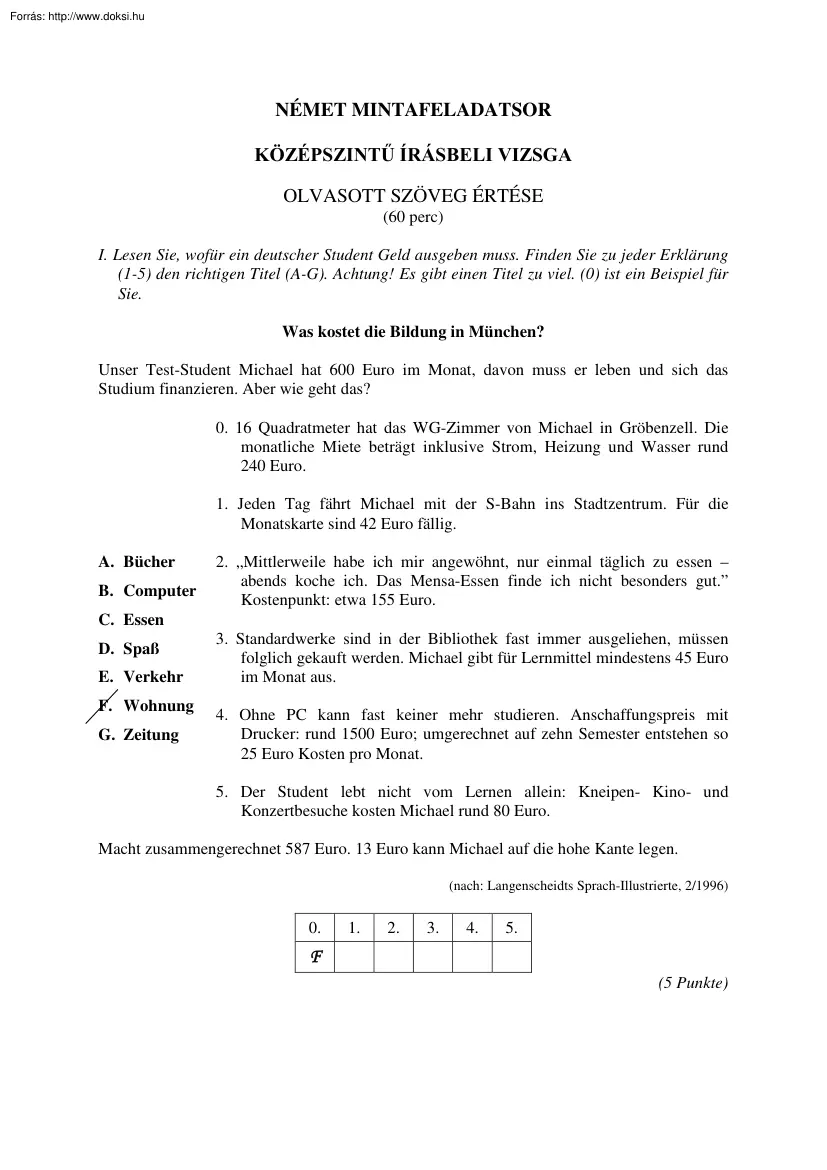 Német középszintű írásbeli érettségi mintafeladatsor, megoldással, 2004