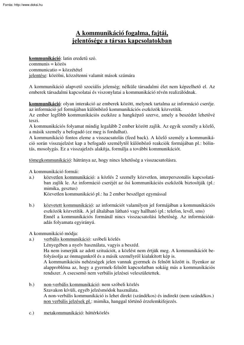 A kommunikáció fogalma, fajtái, jelentősége a társas kapcsolatokban