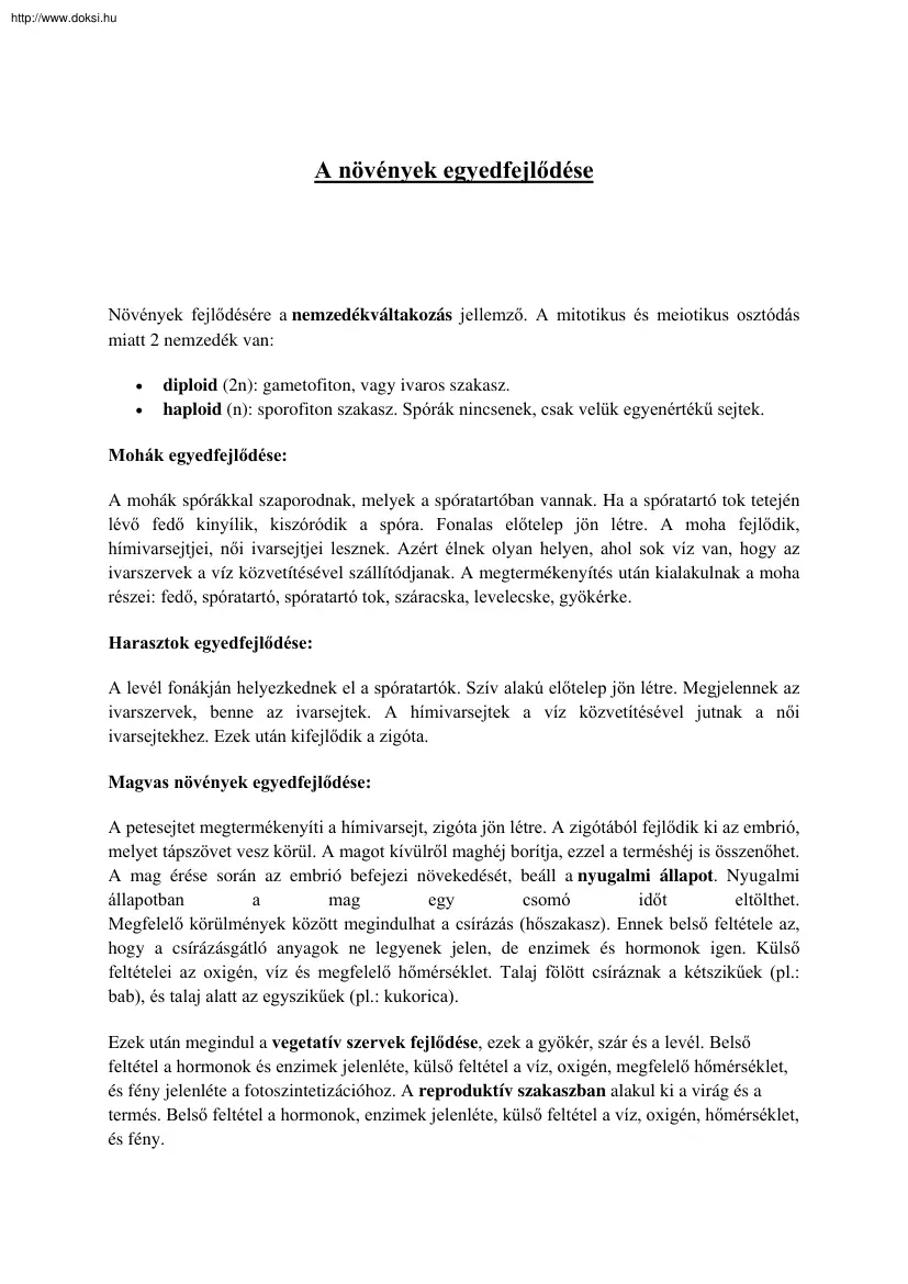 A növények egyedfejlődése