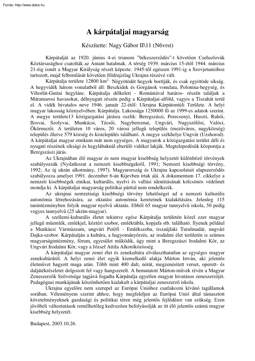 Nagy Gábor - A Kárpátaljai magyarság