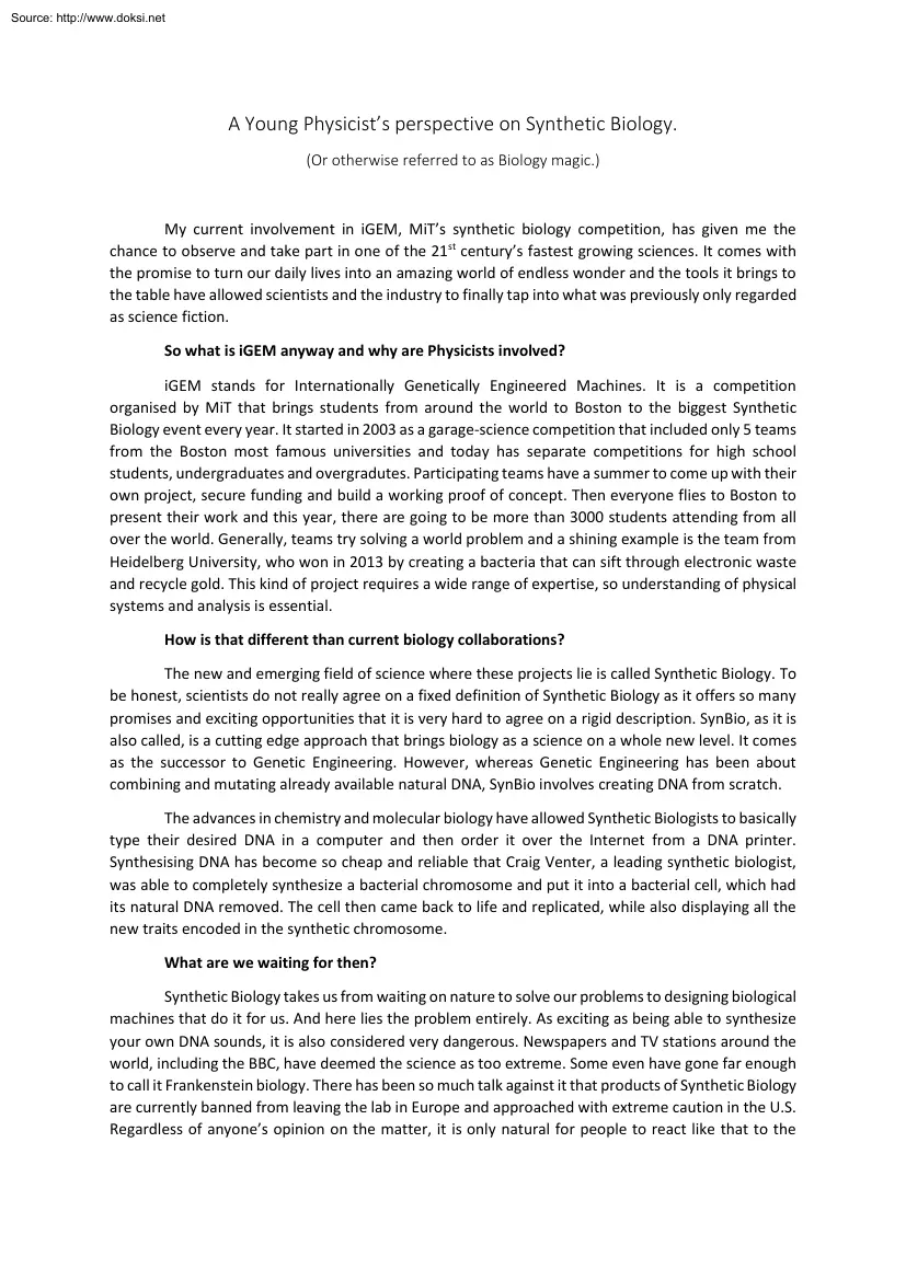 Young Physicists Perspective on Synthetic Biology