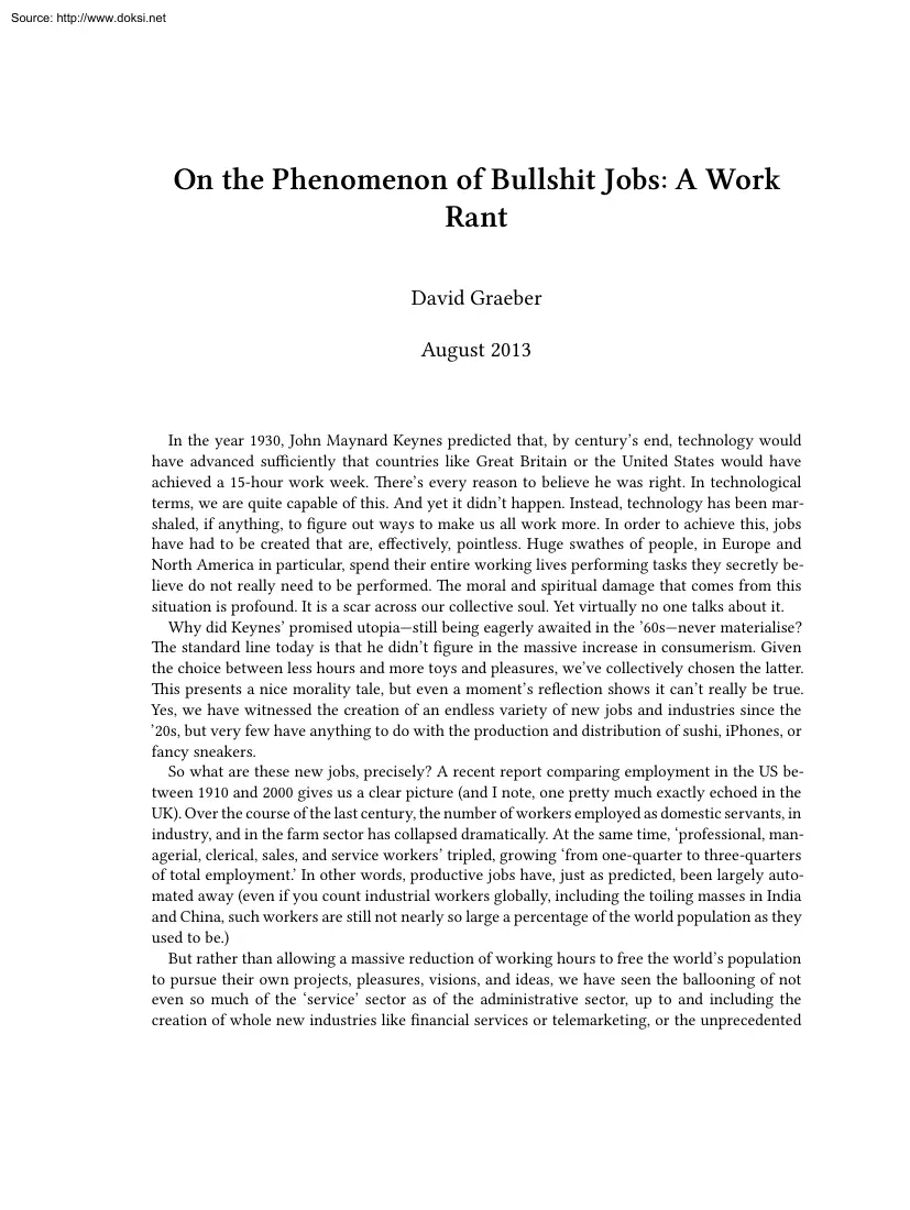 David Graeber - On the Phenomenon of Bullshit Jobs, A Work Rant