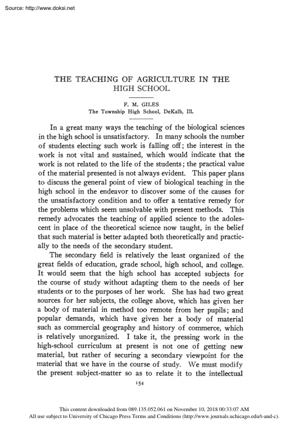 The teaching of Agriculture in the High School