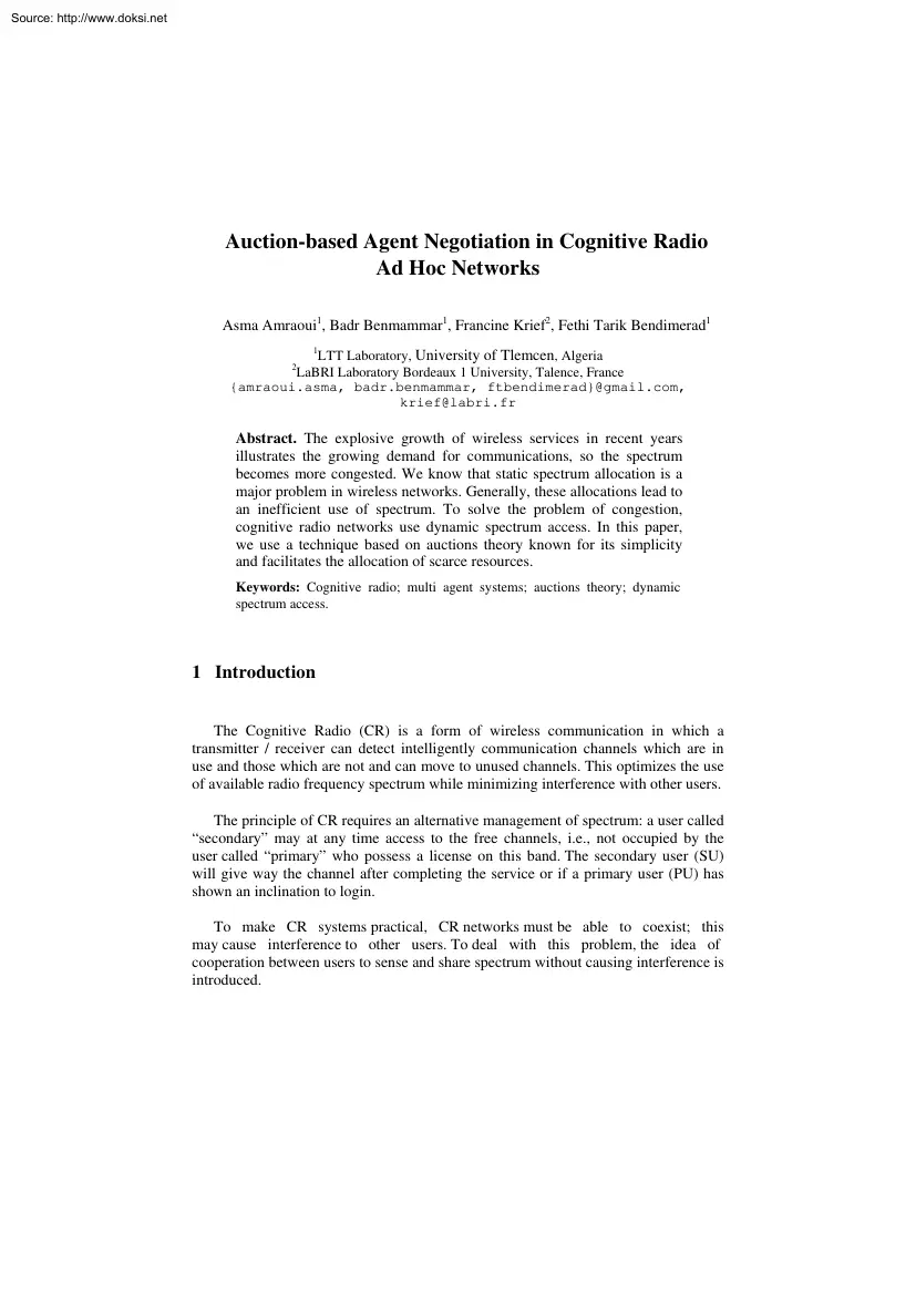 Auction Based Agent Negotiation in Cognitive Radio Ad Hoc Networks