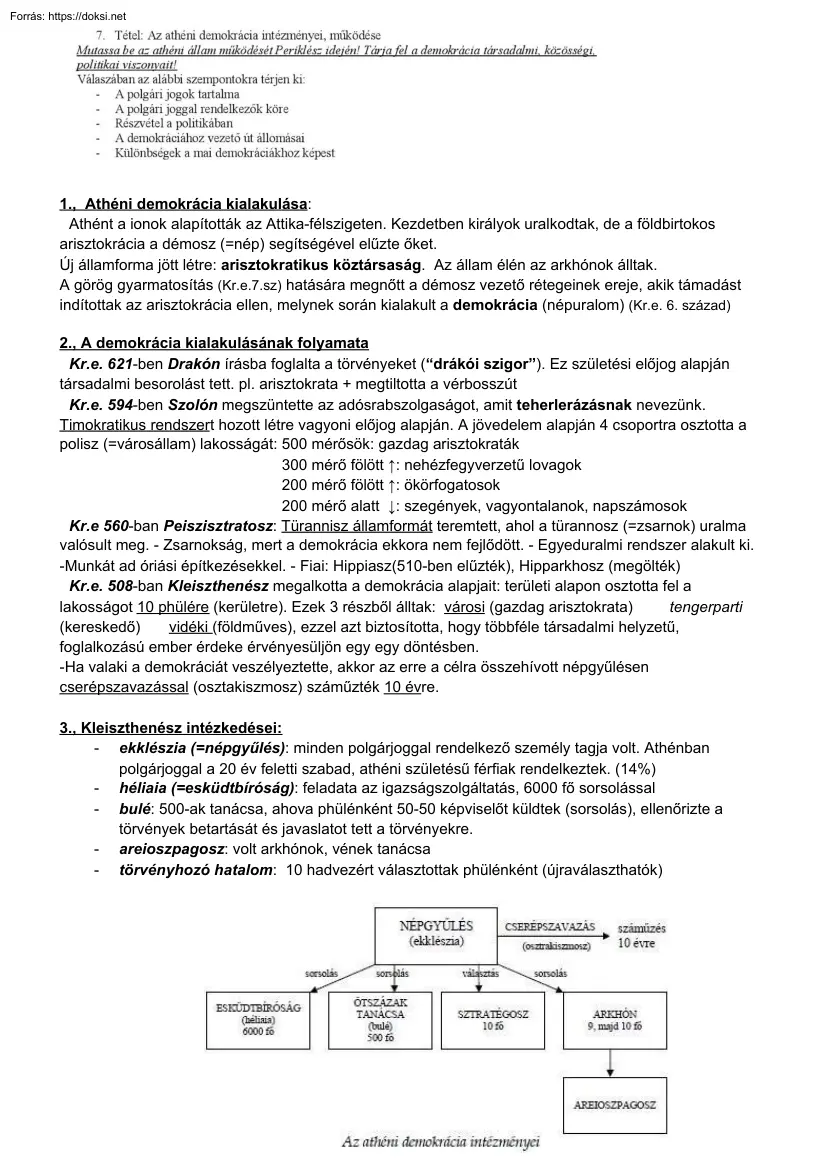 Az athéni demokrácia intézményei, működése, tétel