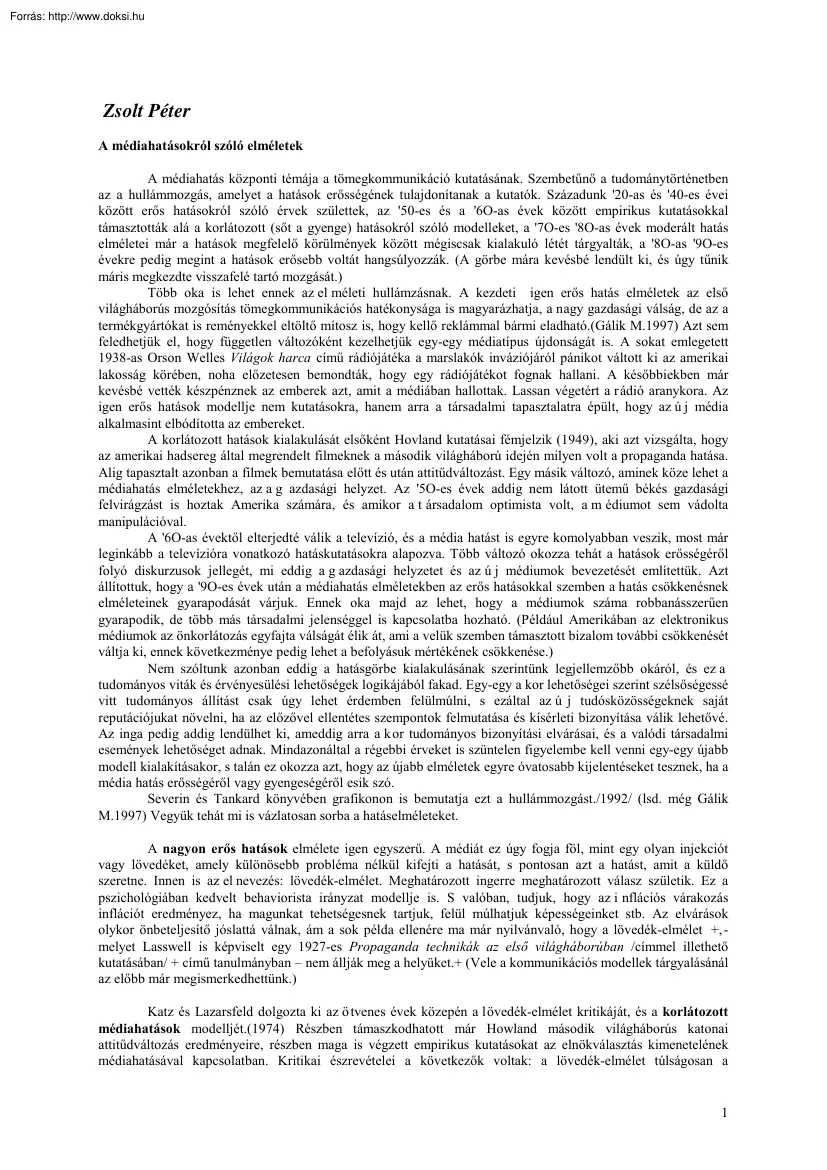 Zsolt Péter - A médiahatásokról szóló elméletek