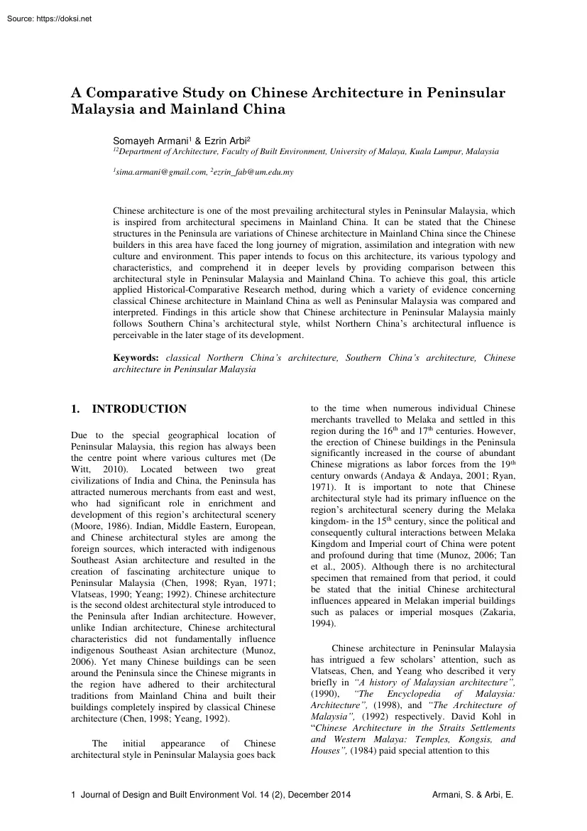 Armani-Arbi - A Comparative Study on Chinese Architecture in Peninsular Malaysia and Mainland China