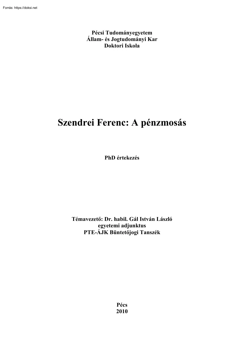 Szendrei Ferenc - A pénzmosás