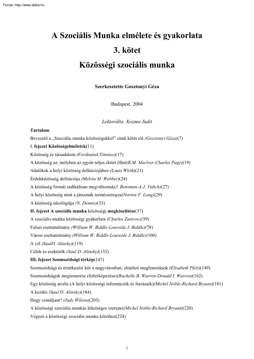 Gosztonyi Géza - A szociális munka elmélete és gyakorlata III - Közösségi szociális munka