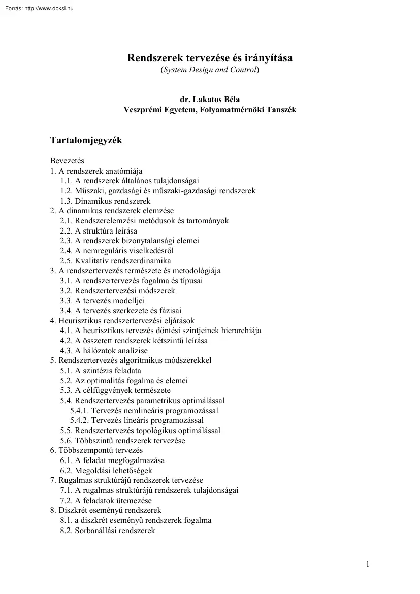Dr. Lakatos Béla - Rendszerek tervezése és irányítása